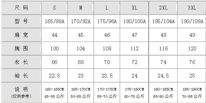 儿童T恤衫的身高与号码的对应表